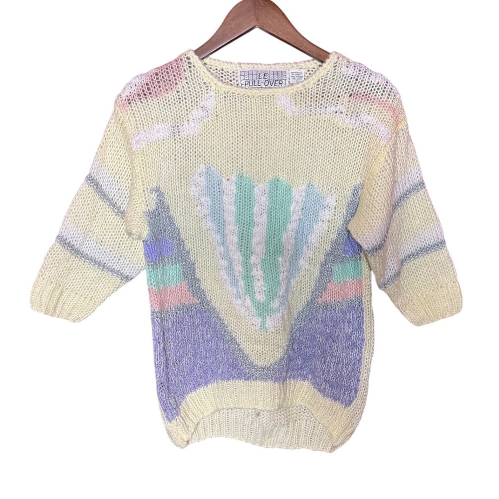 VTG Le Pull-Over Women Small 80s Pastel Knit Sweater Metallic Lurex Cream Korea